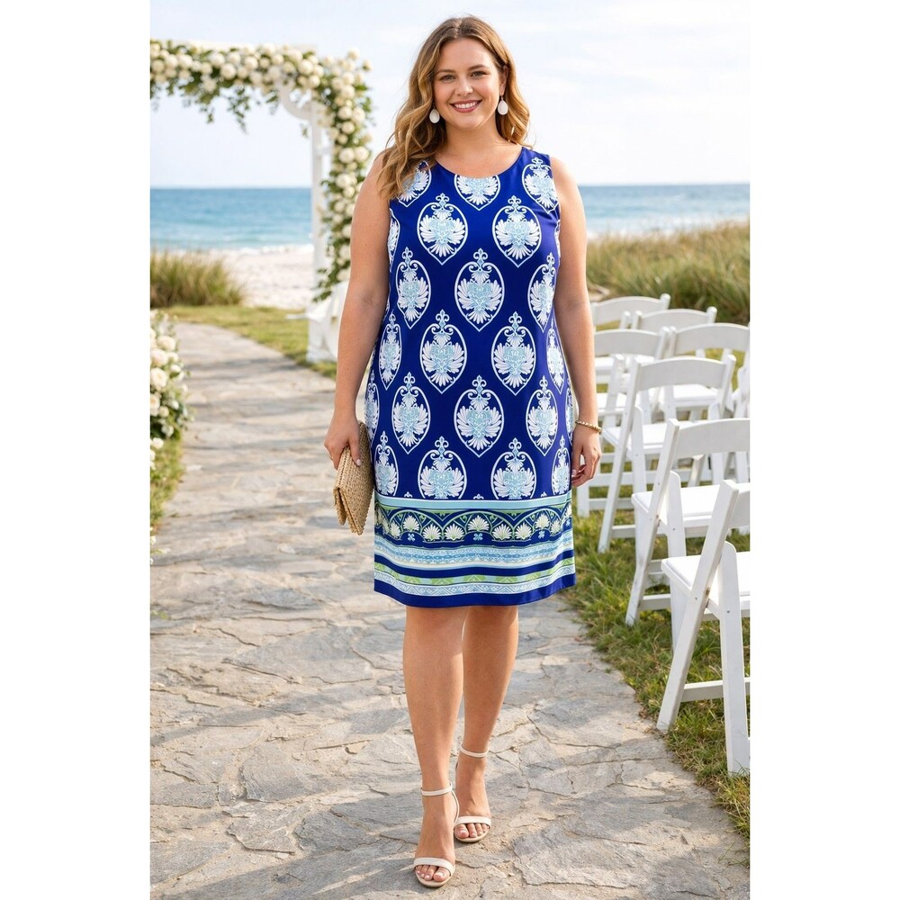 Madison Leigh Blue Printed Shift Dress Women Size 16 Sleeveless Lined Preppy